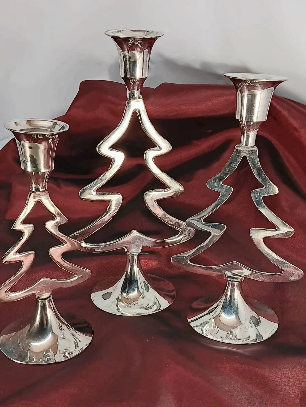 Silver Plated Christmas Tree Candle Holders - Set of 3